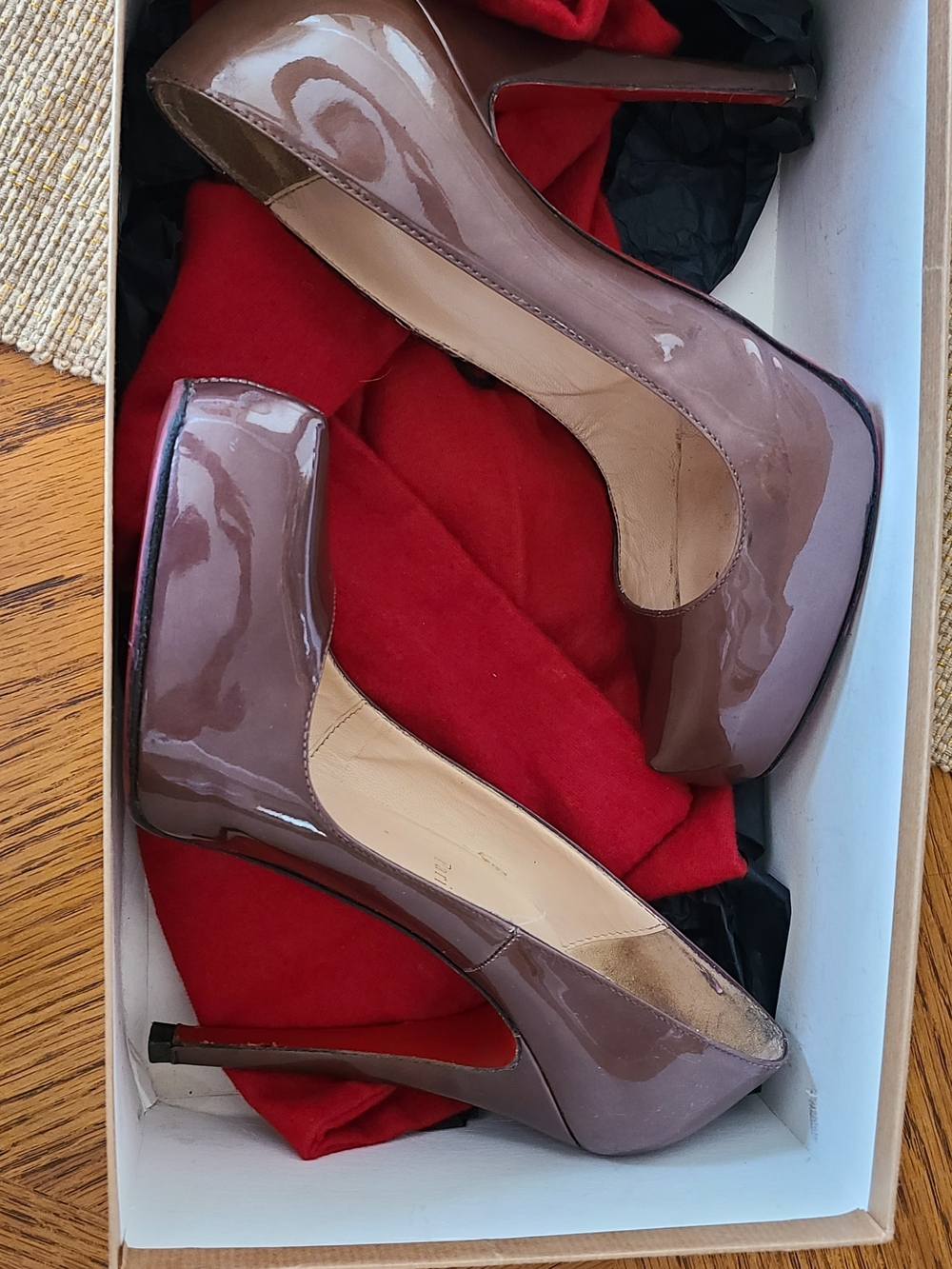 Christian Louboutin Glossy Taupe Patent Platform Pumps